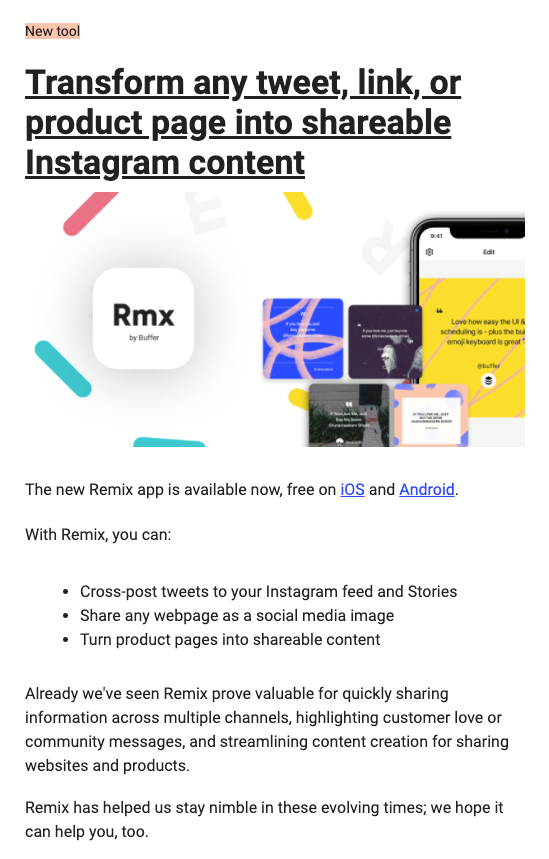 The new Remix app is available now, free on iOS and Android.With Remix, you can:- Cross-post tweets to your Instagram feed and Stories- Share any webpage as a social media image- Turn product pages into shareable contentAlready we've seen Remix prove valuable for quickly sharing information across multiple channels, highlighting customer love or community messages, and streamlining content creation for sharing websites and products.Remix has helped us stay nimble in these evolving times; we hope it can help you, too.